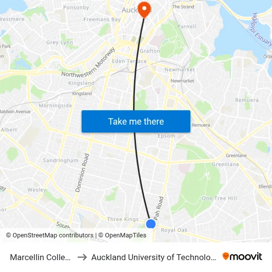 Marcellin College to Auckland University of Technology map