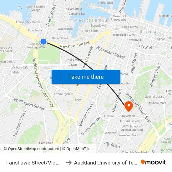 Fanshawe Street/Victoria Park to Auckland University of Technology map