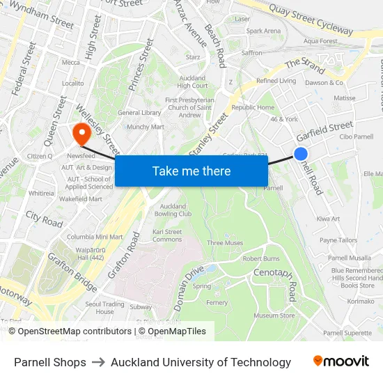 Parnell Shops to Auckland University of Technology map