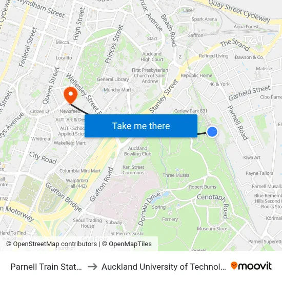 Parnell Train Station to Auckland University of Technology map