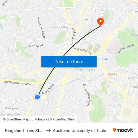 Kingsland Train Station to Auckland University of Technology map