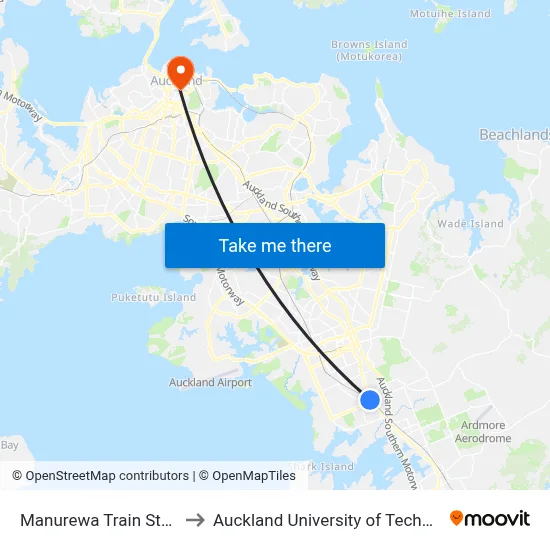 Manurewa Train Station to Auckland University of Technology map