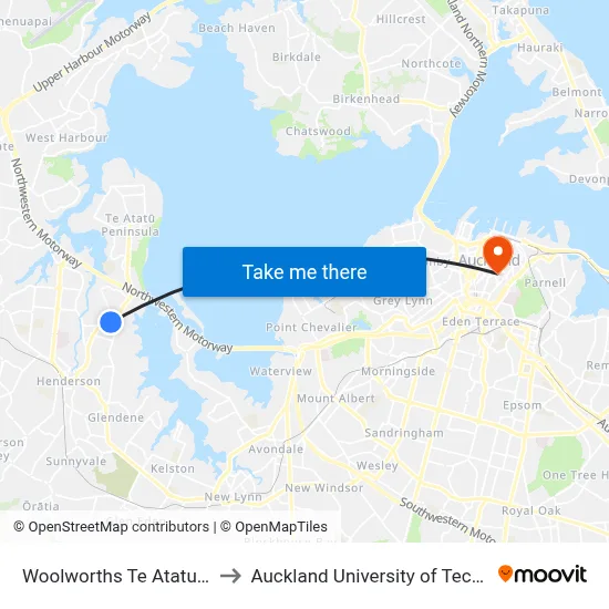 Woolworths Te Atatu South to Auckland University of Technology map