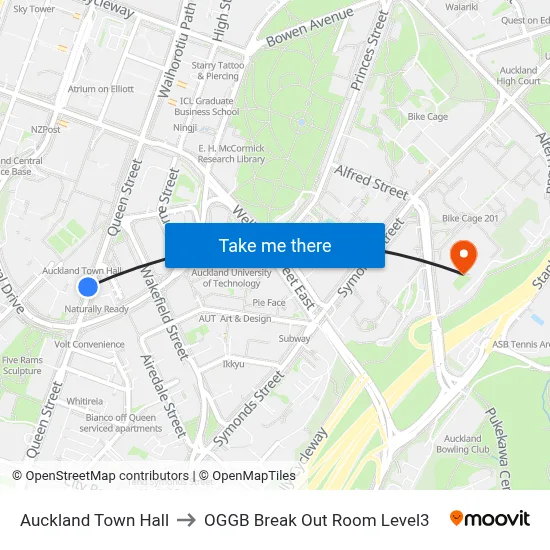 Auckland Town Hall to OGGB Break Out Room Level3 map