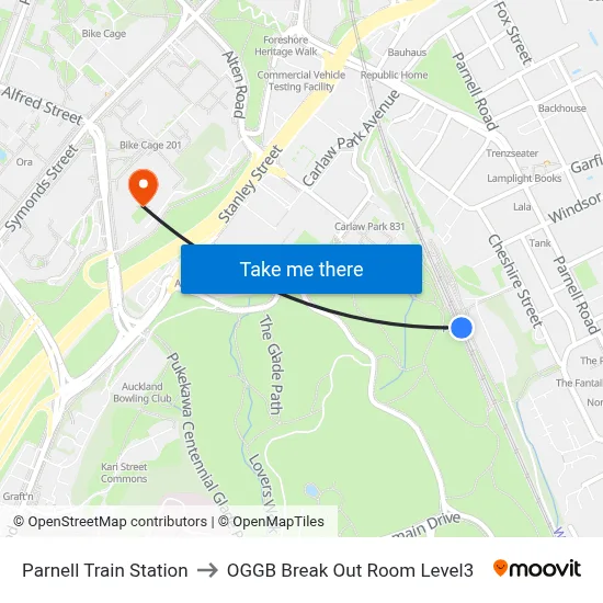 Parnell Train Station to OGGB Break Out Room Level3 map