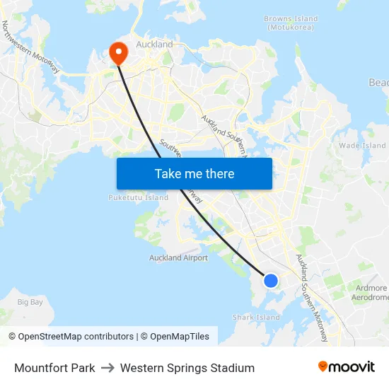 Mountfort Park to Western Springs Stadium map