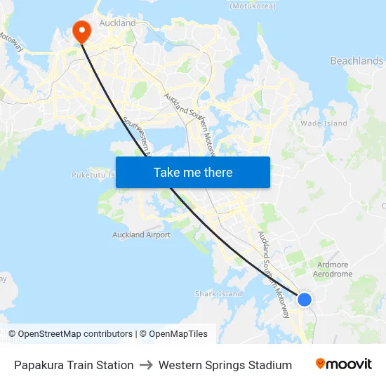 Papakura Train Station to Western Springs Stadium map