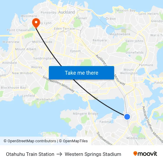 Otahuhu Train Station to Western Springs Stadium map
