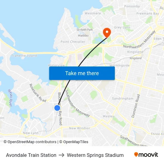 Avondale Train Station to Western Springs Stadium map