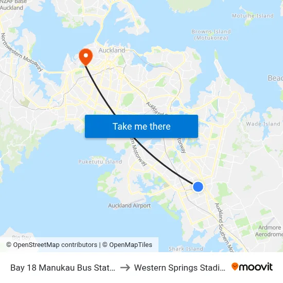 Bay 18 Manukau Bus Station to Western Springs Stadium map