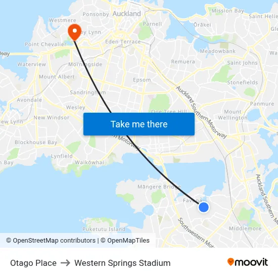 Otago Place to Western Springs Stadium map