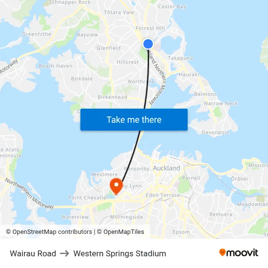 Wairau Road to Western Springs Stadium map
