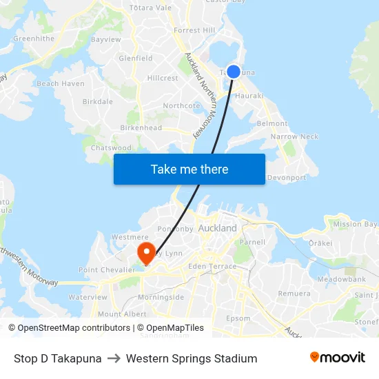 Stop D Takapuna to Western Springs Stadium map