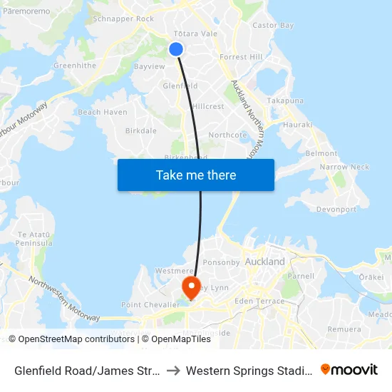 Glenfield Road/James Street to Western Springs Stadium map
