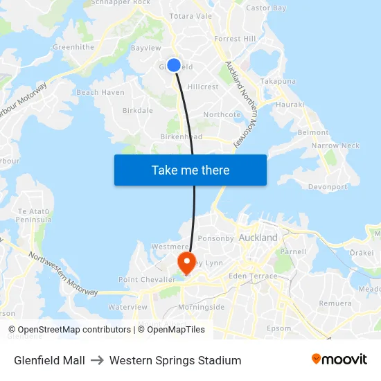 Glenfield Mall to Western Springs Stadium map