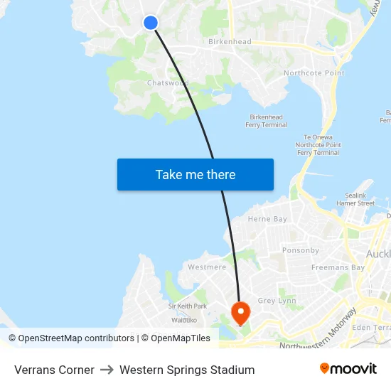 Verrans Corner to Western Springs Stadium map