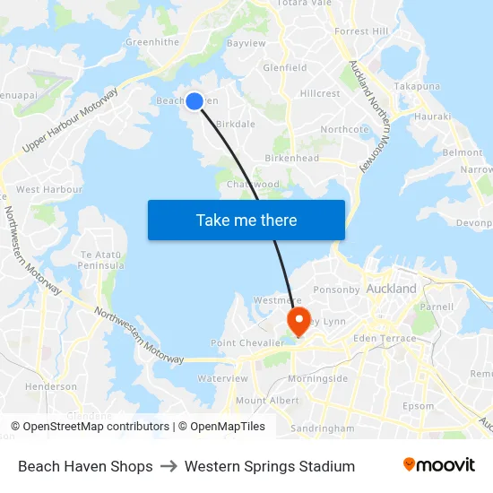 Beach Haven Shops to Western Springs Stadium map