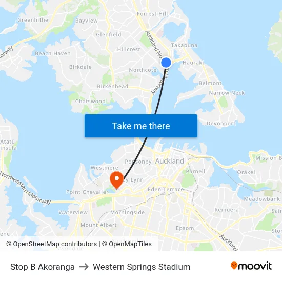 Stop B Akoranga to Western Springs Stadium map