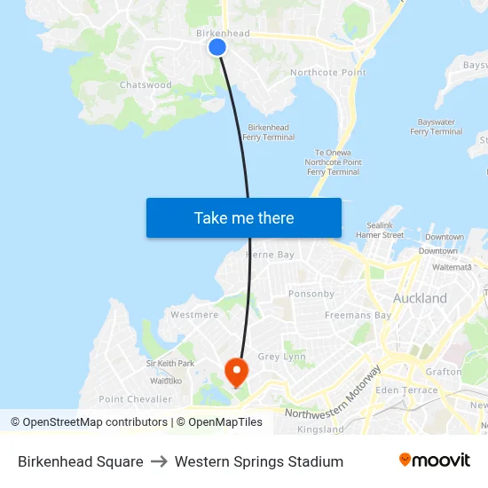 Birkenhead Square to Western Springs Stadium map