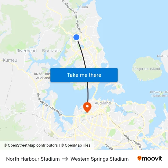 North Harbour Stadium to Western Springs Stadium map