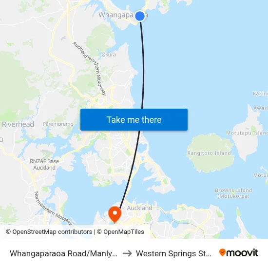 Whangaparaoa Road/Manly Shops to Western Springs Stadium map