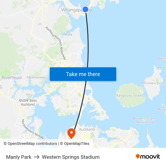 Manly Park to Western Springs Stadium map