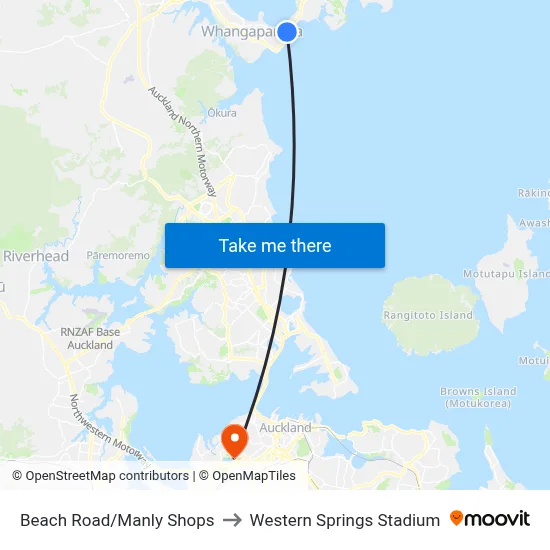 Beach Road/Manly Shops to Western Springs Stadium map