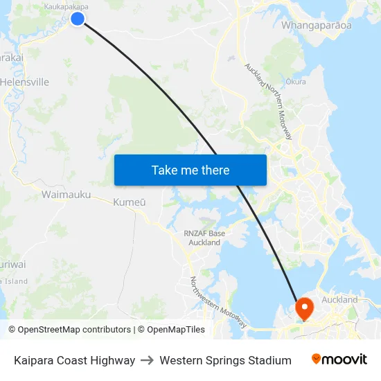 Kaipara Coast Highway to Western Springs Stadium map