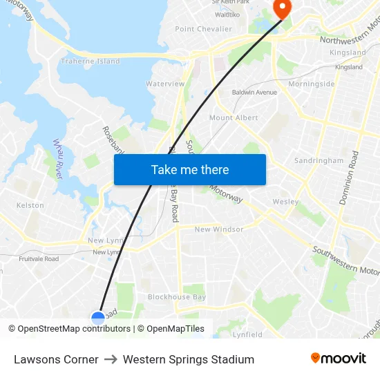Lawsons Corner to Western Springs Stadium map