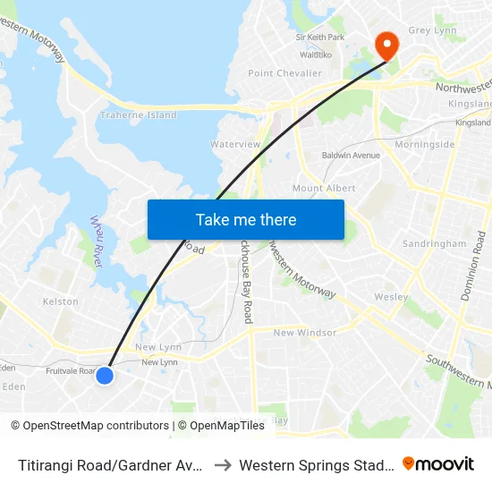 Titirangi Road/Gardner Avenue to Western Springs Stadium map