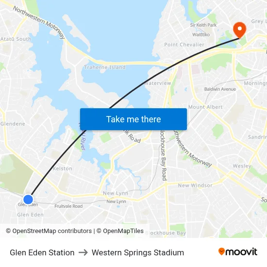 Glen Eden Station to Western Springs Stadium map
