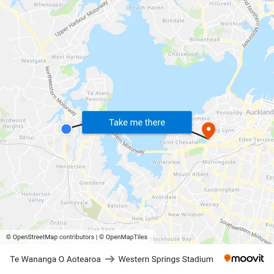 Te Wananga O Aotearoa to Western Springs Stadium map