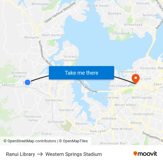 Ranui Library to Western Springs Stadium map
