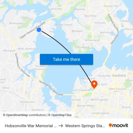 Hobsonville War Memorial Park to Western Springs Stadium map