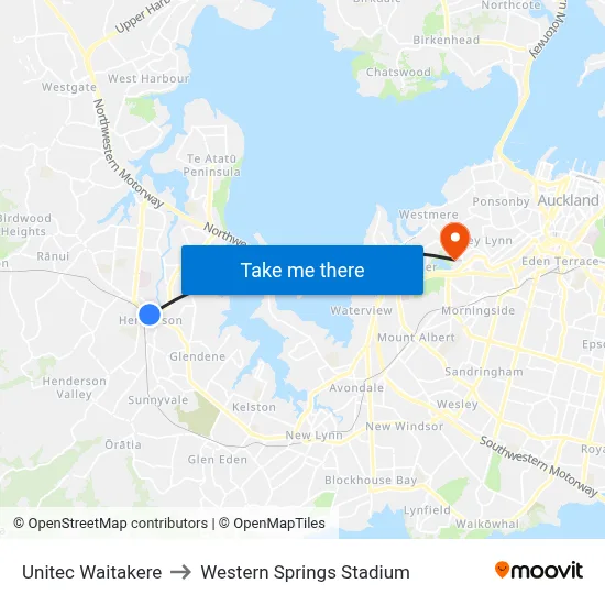 Unitec Waitakere to Western Springs Stadium map