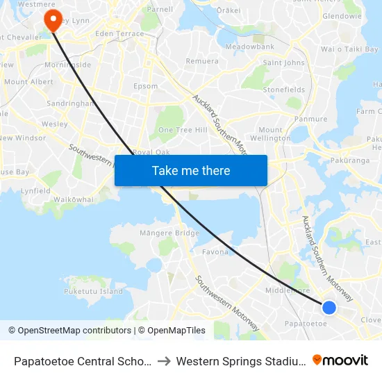 Papatoetoe Central School to Western Springs Stadium map
