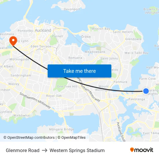 Glenmore Road to Western Springs Stadium map