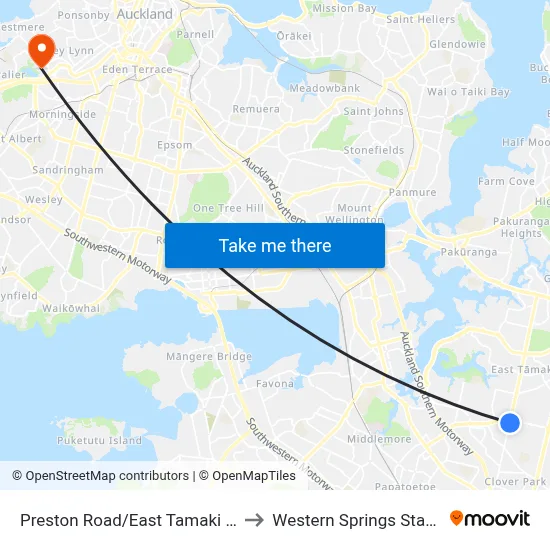 Preston Road/East Tamaki Road to Western Springs Stadium map