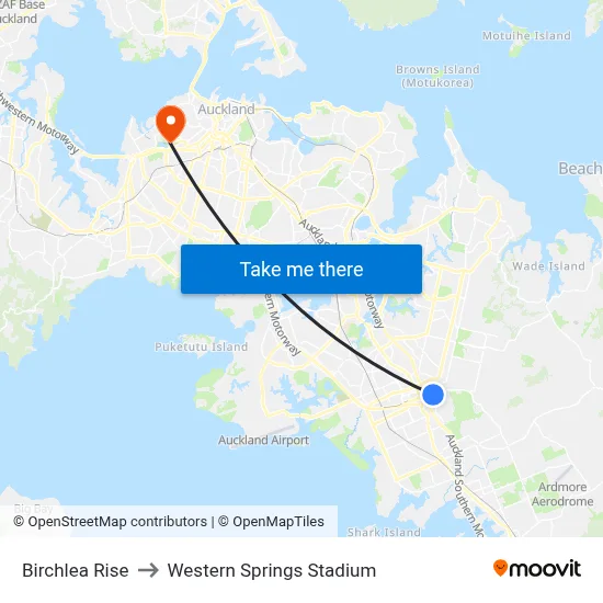 Birchlea Rise to Western Springs Stadium map