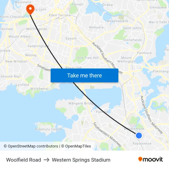 Woolfield Road to Western Springs Stadium map