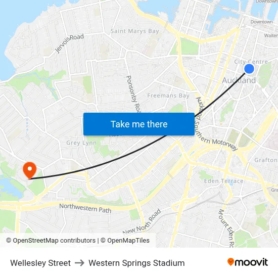 Wellesley Street to Western Springs Stadium map