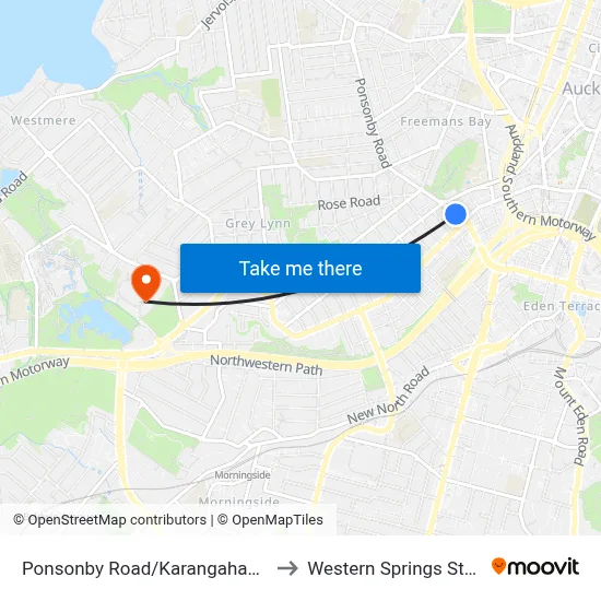 Ponsonby Road/Karangahape Road to Western Springs Stadium map