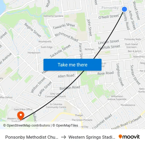 Ponsonby Methodist Church to Western Springs Stadium map