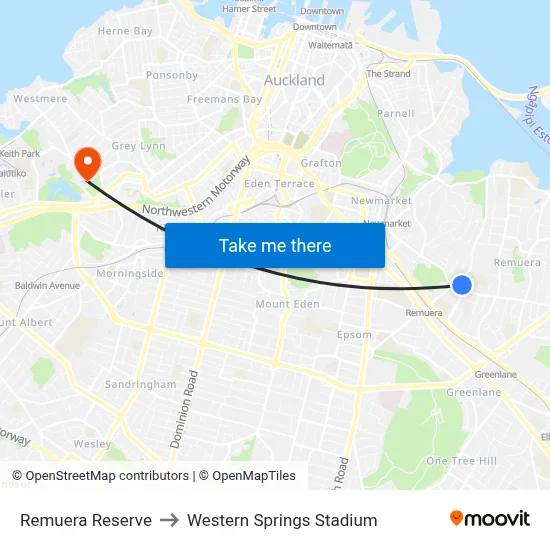 Remuera Reserve to Western Springs Stadium map