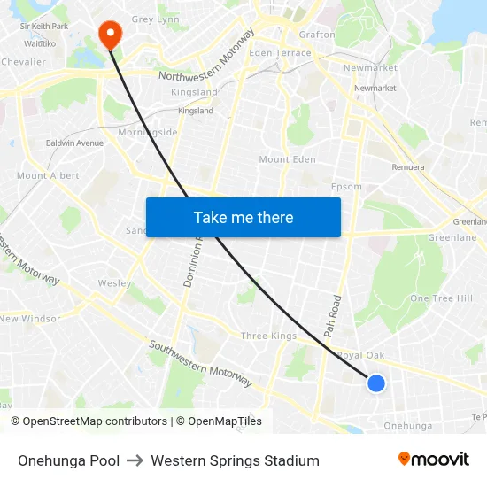 Onehunga Pool to Western Springs Stadium map