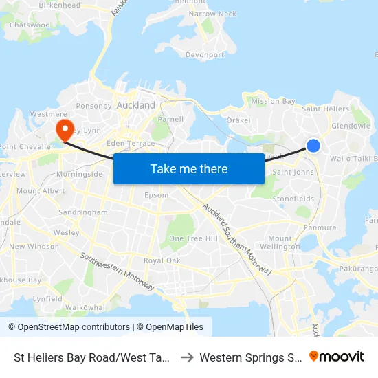 St Heliers Bay Road/West Tamaki Road to Western Springs Stadium map