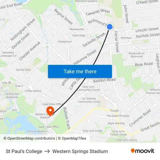 St Paul's College to Western Springs Stadium map