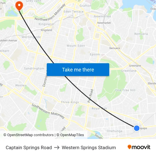 Captain Springs Road to Western Springs Stadium map