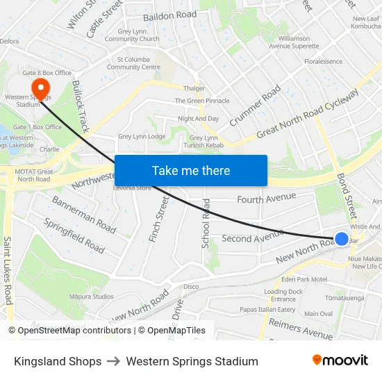 Kingsland Shops to Western Springs Stadium map