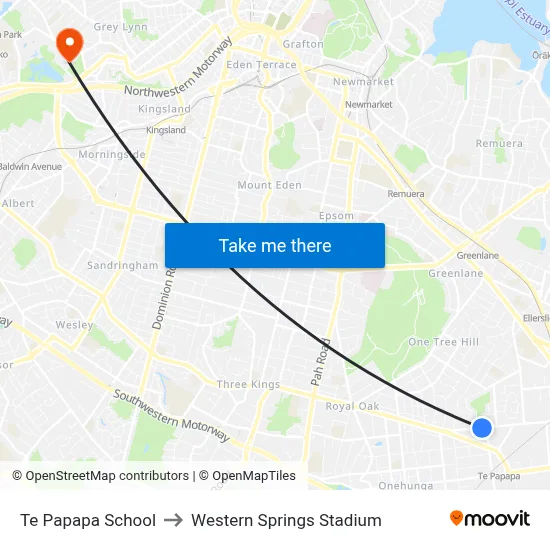 Te Papapa School to Western Springs Stadium map
